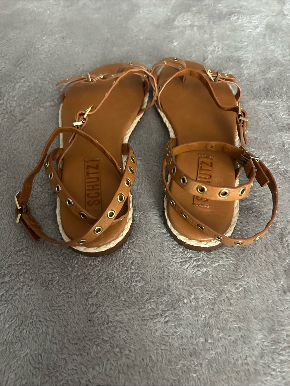 SCHUTZ Cognac Leather Grommet Strappy Espadrille Sandals - Picture 5 of 6